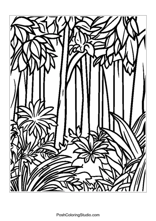 A jungle scene with a variety of plants and trees.