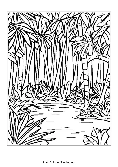 A dense arrangement of tropical plants and trees.
