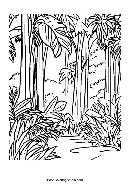 A river flowing through a dense rainforest with palm trees.
