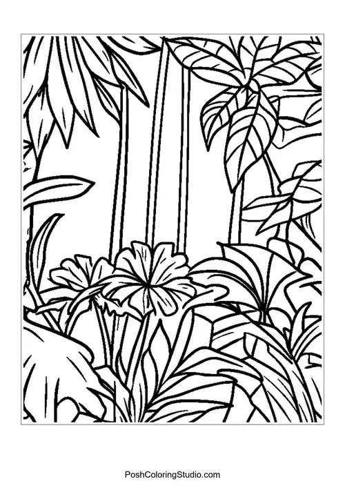 A jungle scene with tall trees and a variety of plants.