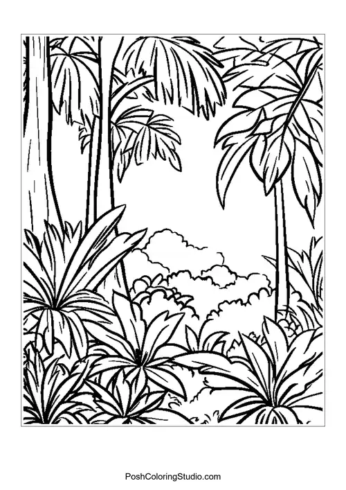 A close-up of tropical plants with intricate leaf patterns.