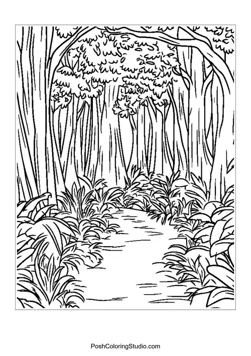 A jungle scene with a variety of plants and trees.