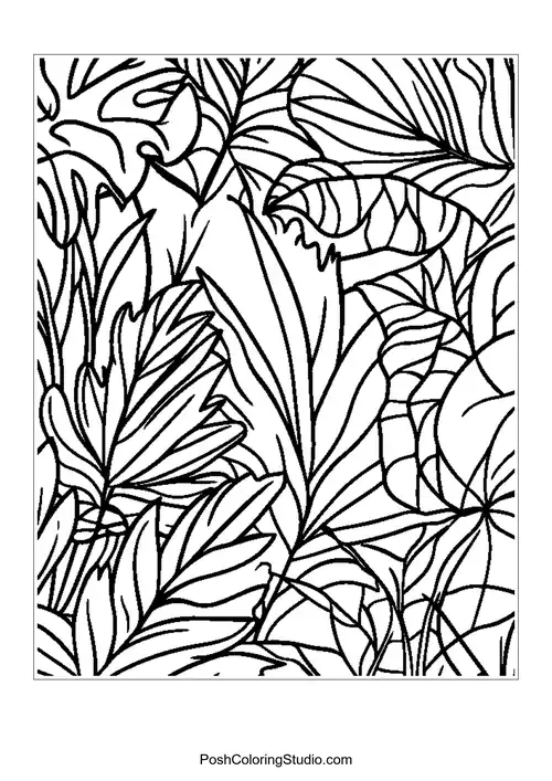 A dense arrangement of tropical plants and trees.