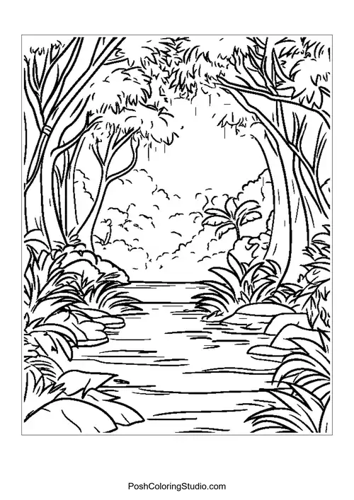 A river flowing through a dense rainforest with palm trees.