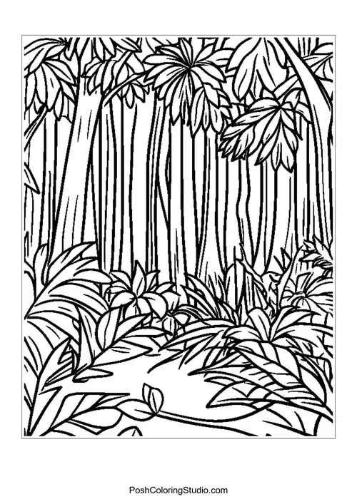 A jungle scene with tall trees and a variety of plants.