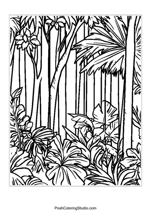 A jungle scene with a variety of plants and trees.