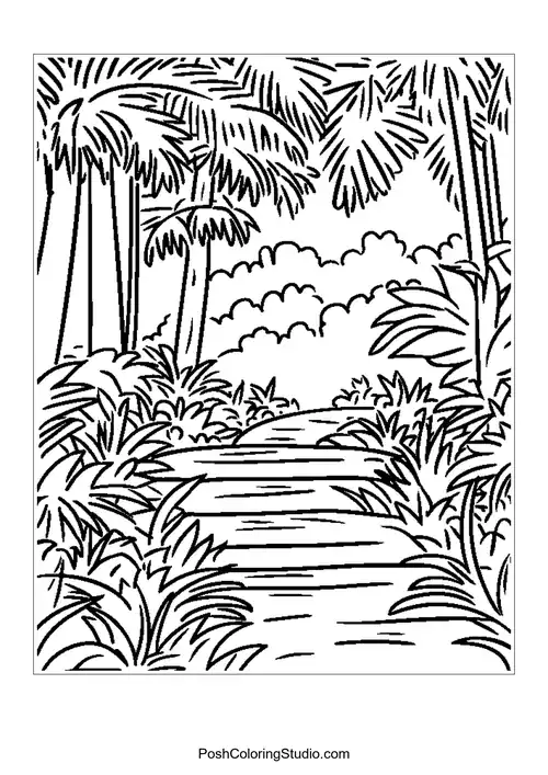 A dense arrangement of tropical plants and trees.