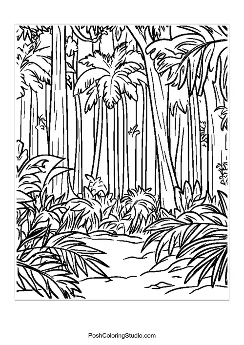 A tranquil rainforest scene with a river and lush plants.