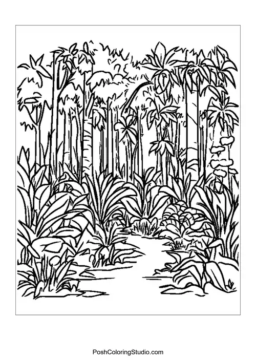 A jungle scene with a variety of plants and trees.