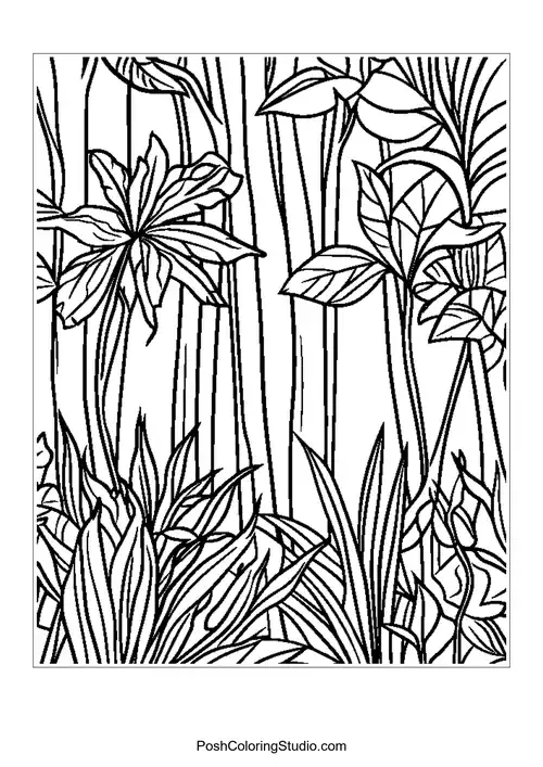 Detailed foliage with various leaves and bamboo-like stalks.