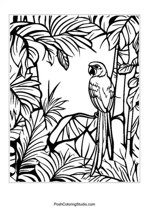 A parrot perched among tropical leaves.
