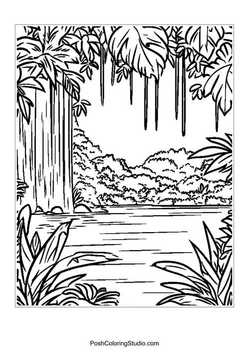 A serene river view surrounded by hanging vines and trees.