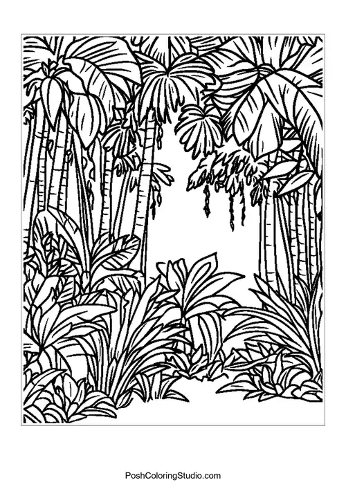 A tropical jungle filled with large palm leaves and hanging vines.