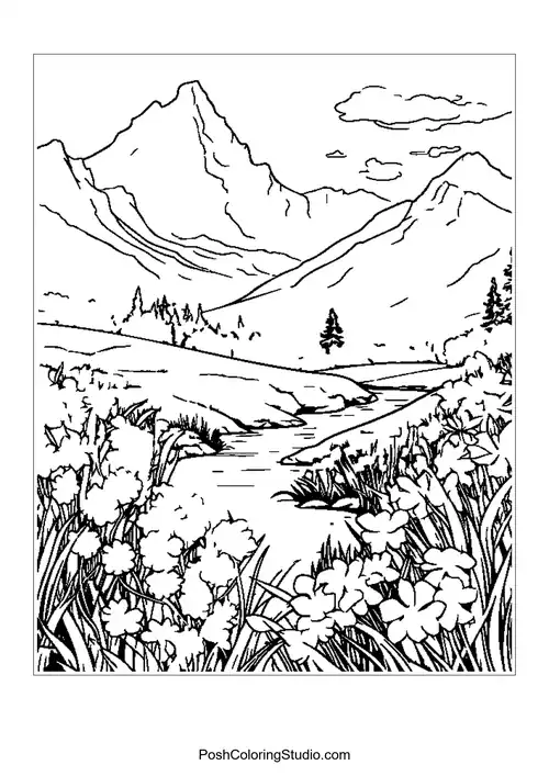Blooming Mountain Landscapes Coloring Pages sample thumbnail
