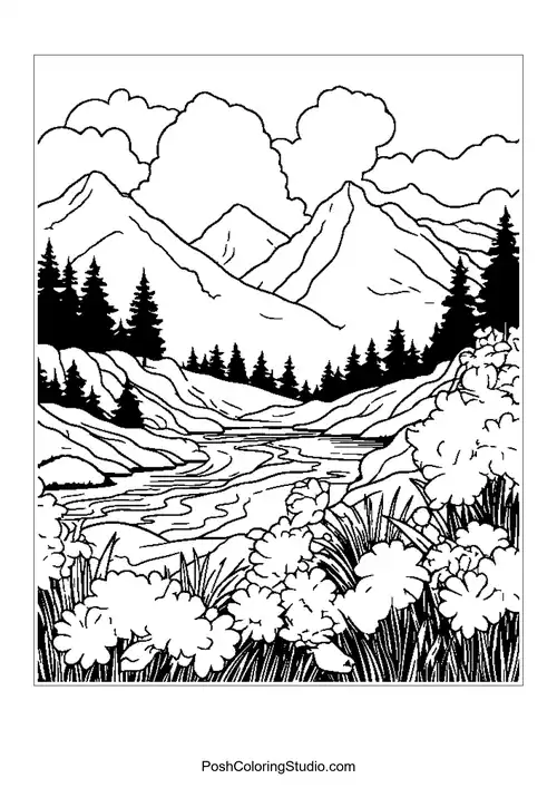 Mountains with a river and flowers in the foreground.