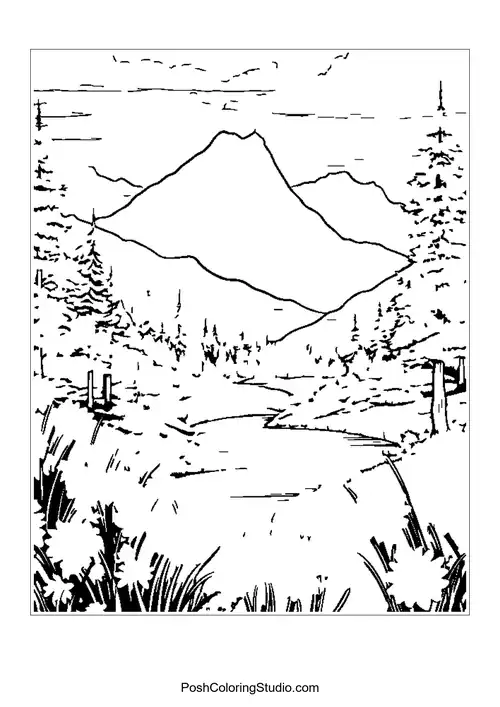 A mountain view with trees and a winding path.