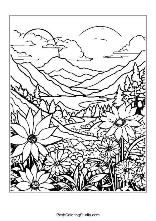 Mountains with a river and flowers in the foreground.