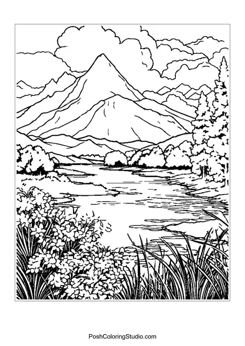 Mountains with a river and flowers in the foreground.