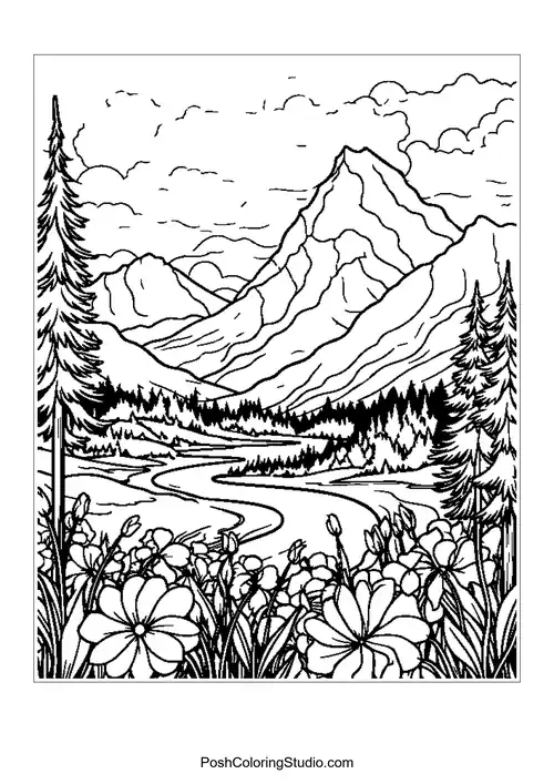 A scenic view of mountains with flowers and a river.