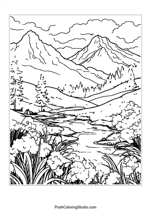 A mountain landscape with flowers and a winding path.