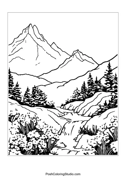 Mountains with a river and flowers in the foreground.