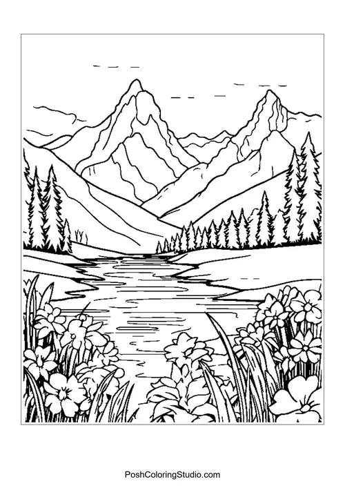 A tranquil scene featuring mountains, a lake, and vibrant flowers.