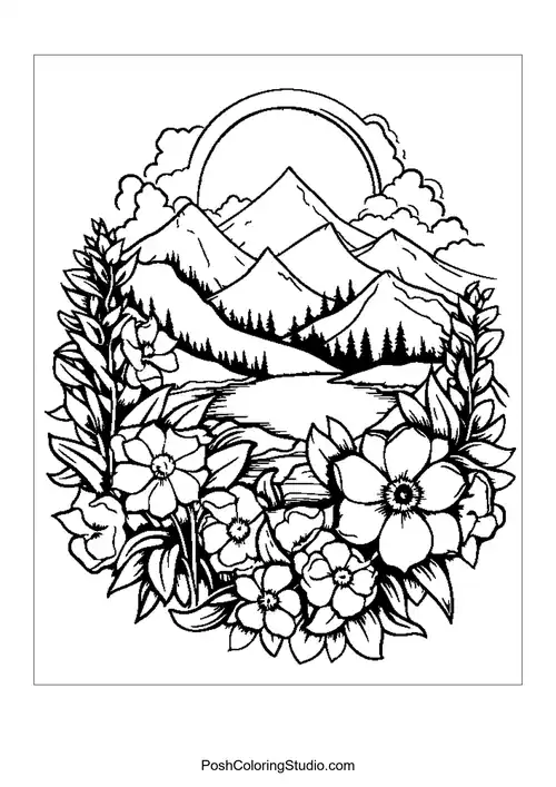 A circular floral frame surrounding a mountain landscape and sun.