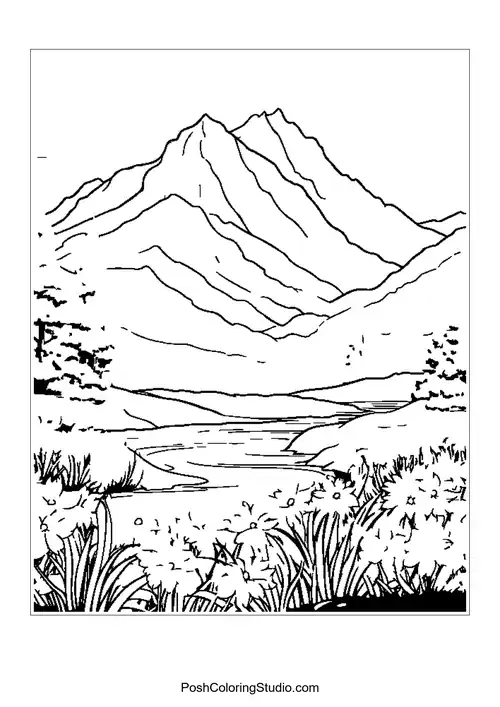A mountain landscape with a calm river and scattered flowers.