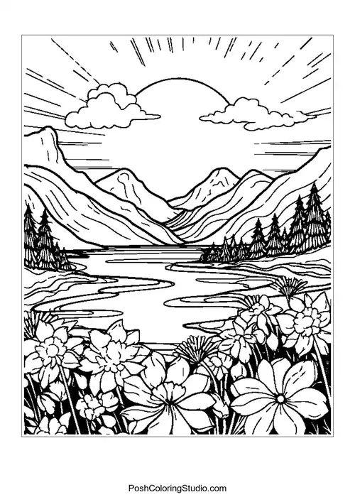 A serene mountain landscape with a woman in a flowing dress.