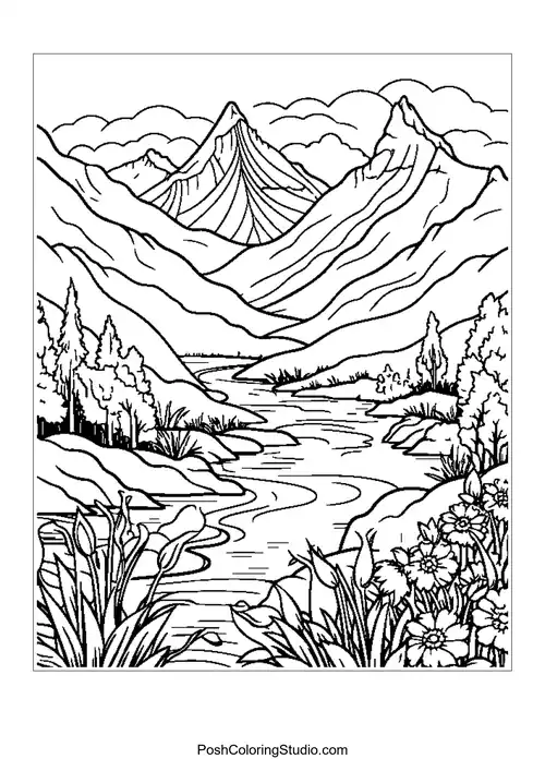 A river flowing through a mountainous landscape.