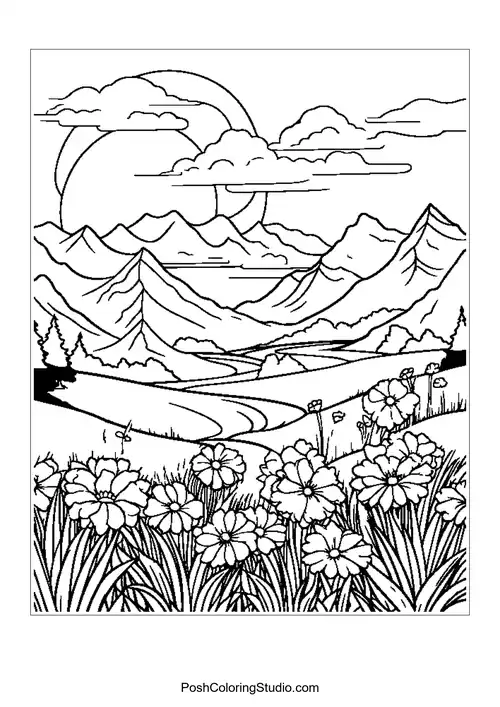 A tranquil river scene with mountains and blooming flowers.