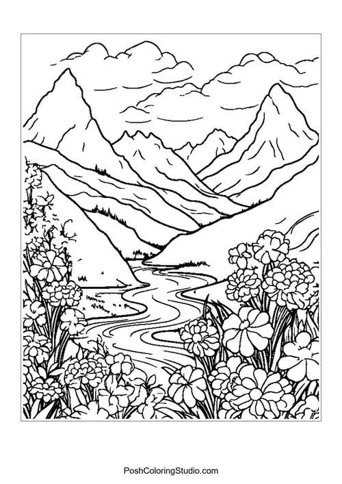 A mountain view with a river and blooming flowers in the foreground.