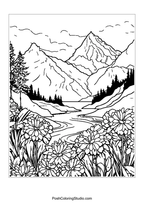 A serene mountain scene with a river and blooming flowers.