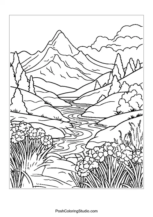 A mountain landscape with a river and various flowers in bloom.
