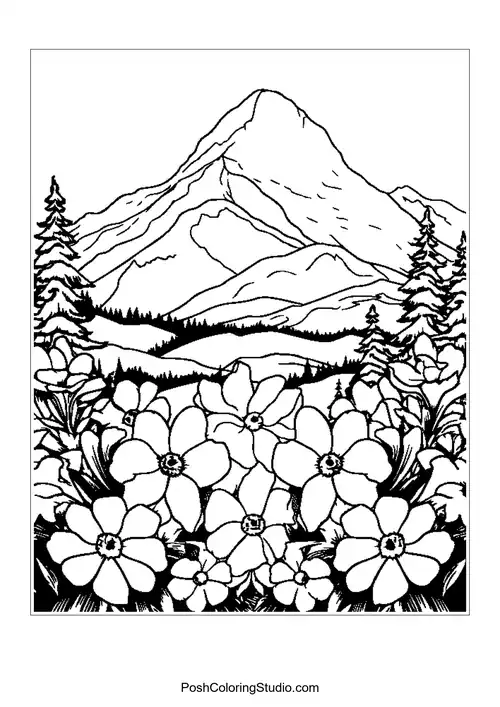 A mountain scene with a river and blooming flowers in the foreground.