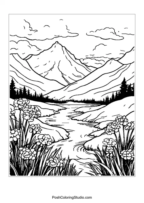 A mountain landscape with a river and various flowers in bloom.