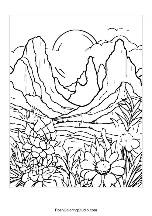 Mountains with flowers in the foreground.