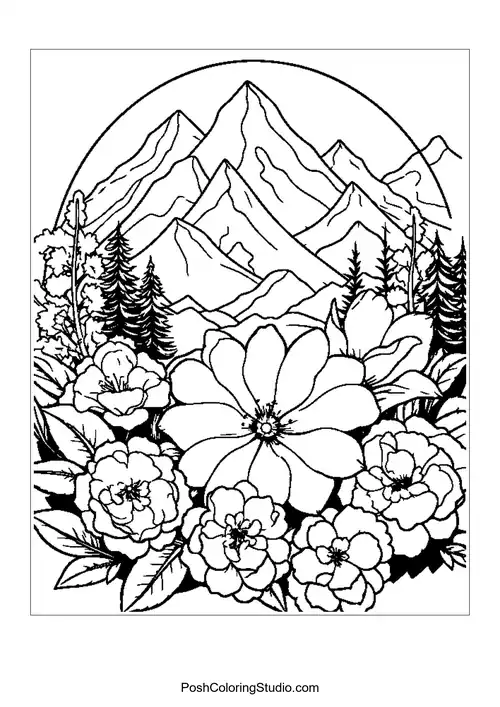 A floral arrangement in front of a mountain backdrop.