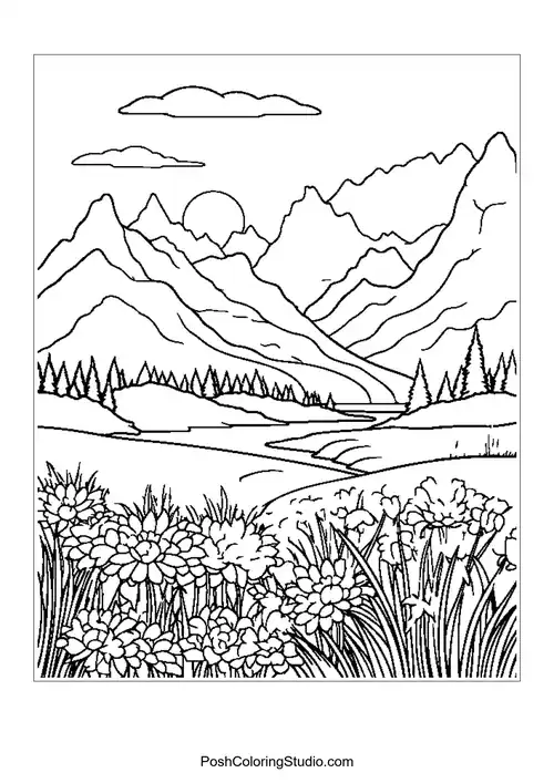 A river surrounded by mountains and flowers.
