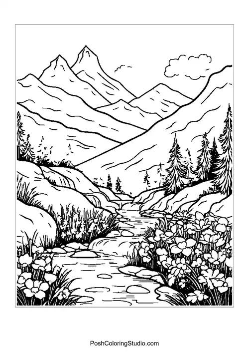 Mountains with a river and flowers in the foreground.