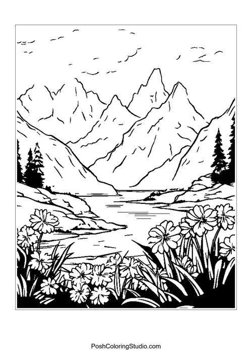 A mountain landscape with flowers and a winding river.