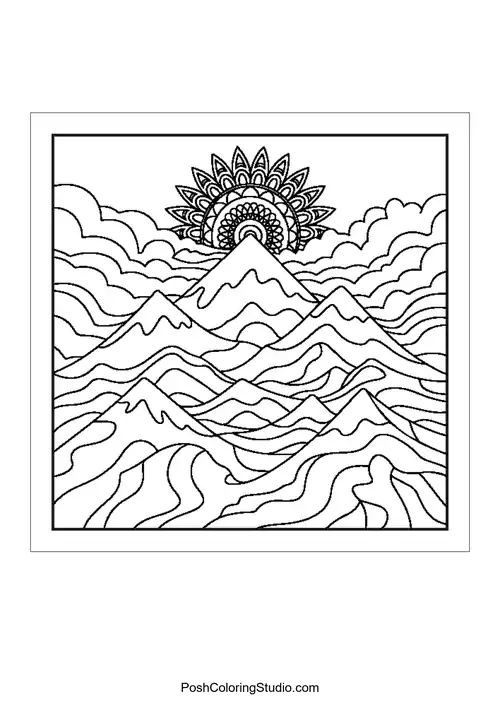 A mountain range with a sun setting behind the peaks.