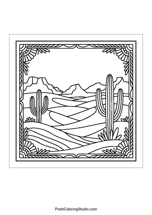 A mountain landscape with geometric patterns and lines.