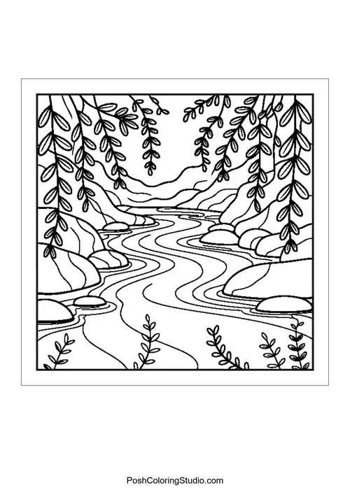 A river winding through a landscape with trees and rocks.
