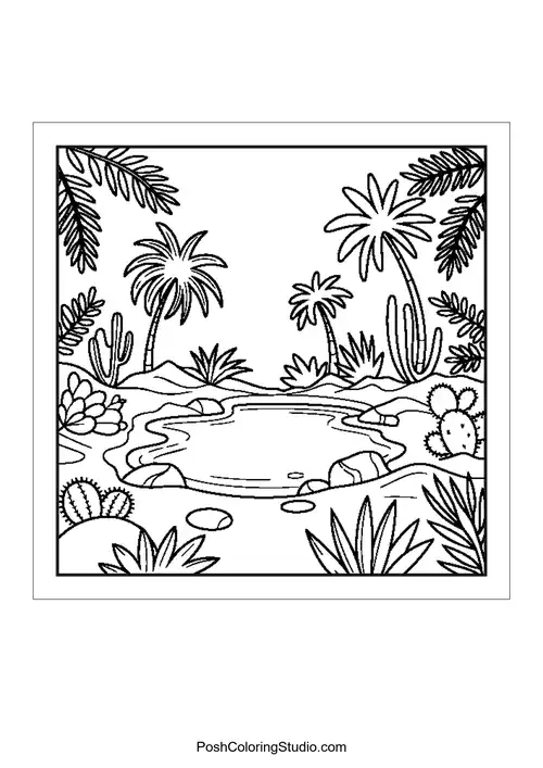 A tropical scene with palm trees and a pond.