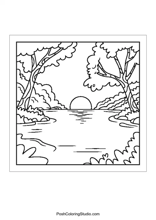A mountain landscape with a sun setting behind the peaks.