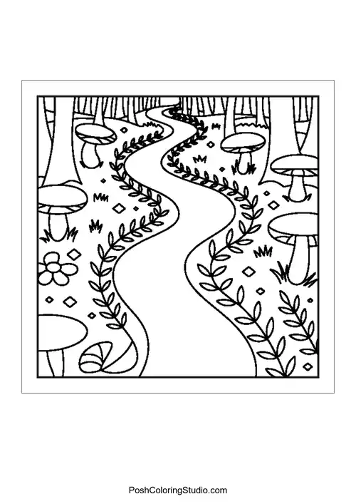 A winding path through a forest with mushrooms and flowers.