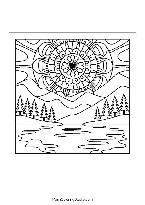 Mountains with a sun and a lake in the foreground.