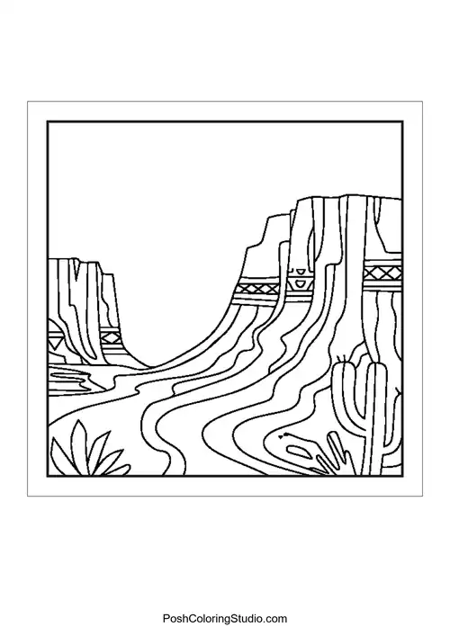 Canyon landscape with a winding river and cacti.
