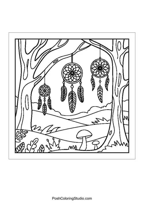 Dreamcatchers hanging from trees in a scenic landscape.